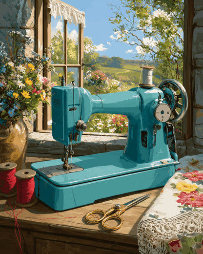 Peinture par numéro adulte Machine à Coudre Turquoise, visuel complet du design sur toile, Maison Artsen