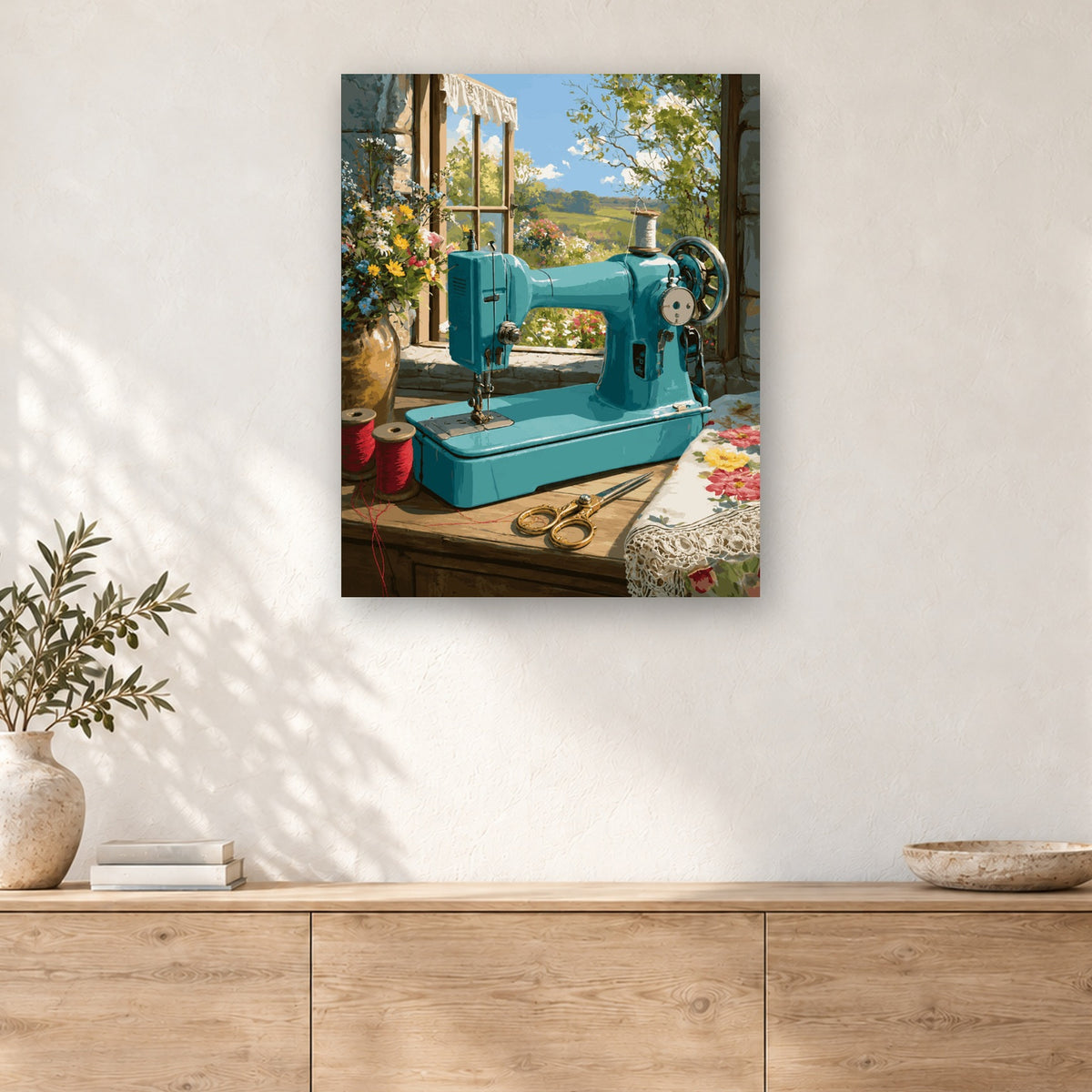 Tableau peinture par numéro Machine à Coudre Turquoise accroché dans un intérieur décoré, Maison Artsen