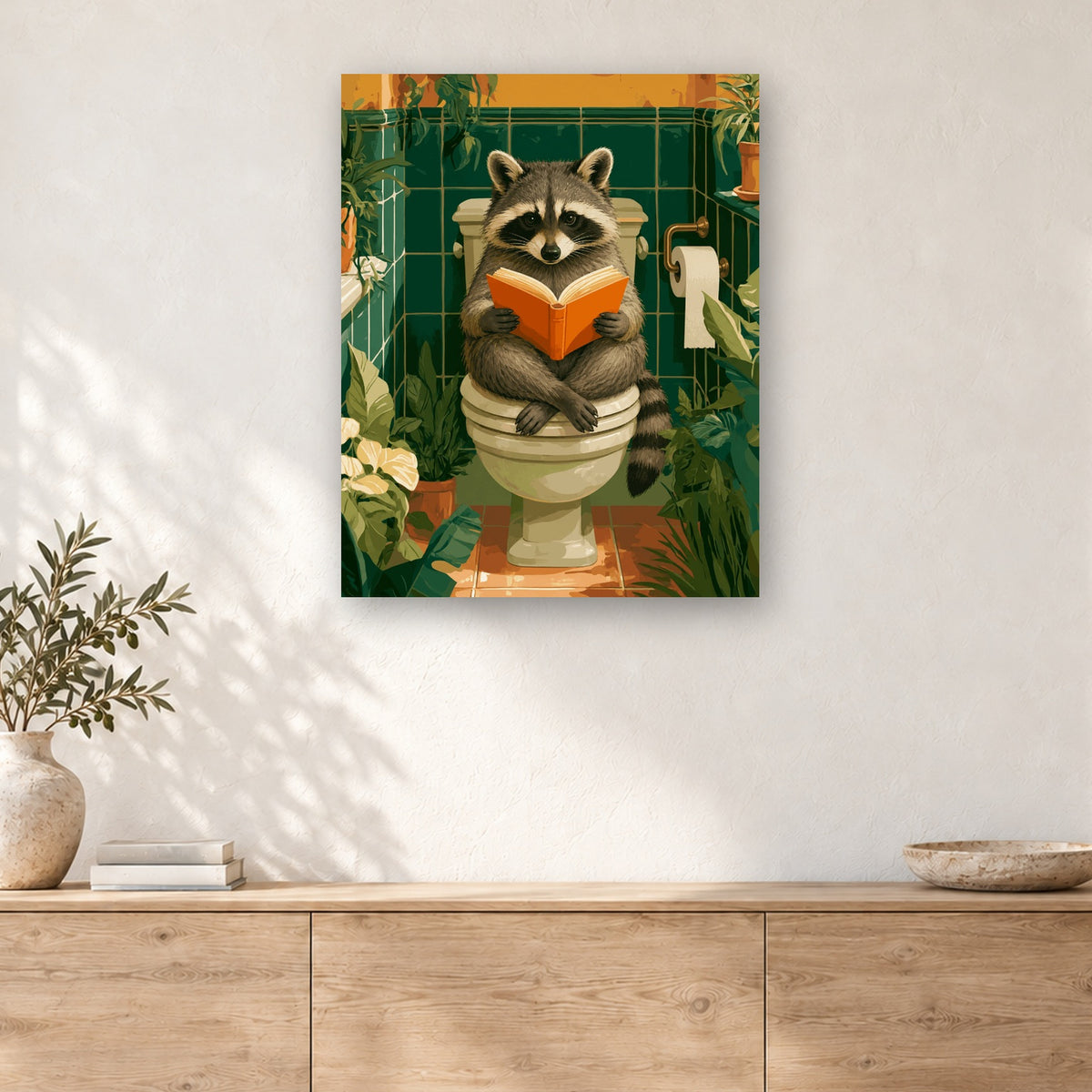 Tableau peinture par numéro Raton Laveur aux Toilettes accroché dans un intérieur décoré, Maison Artsen