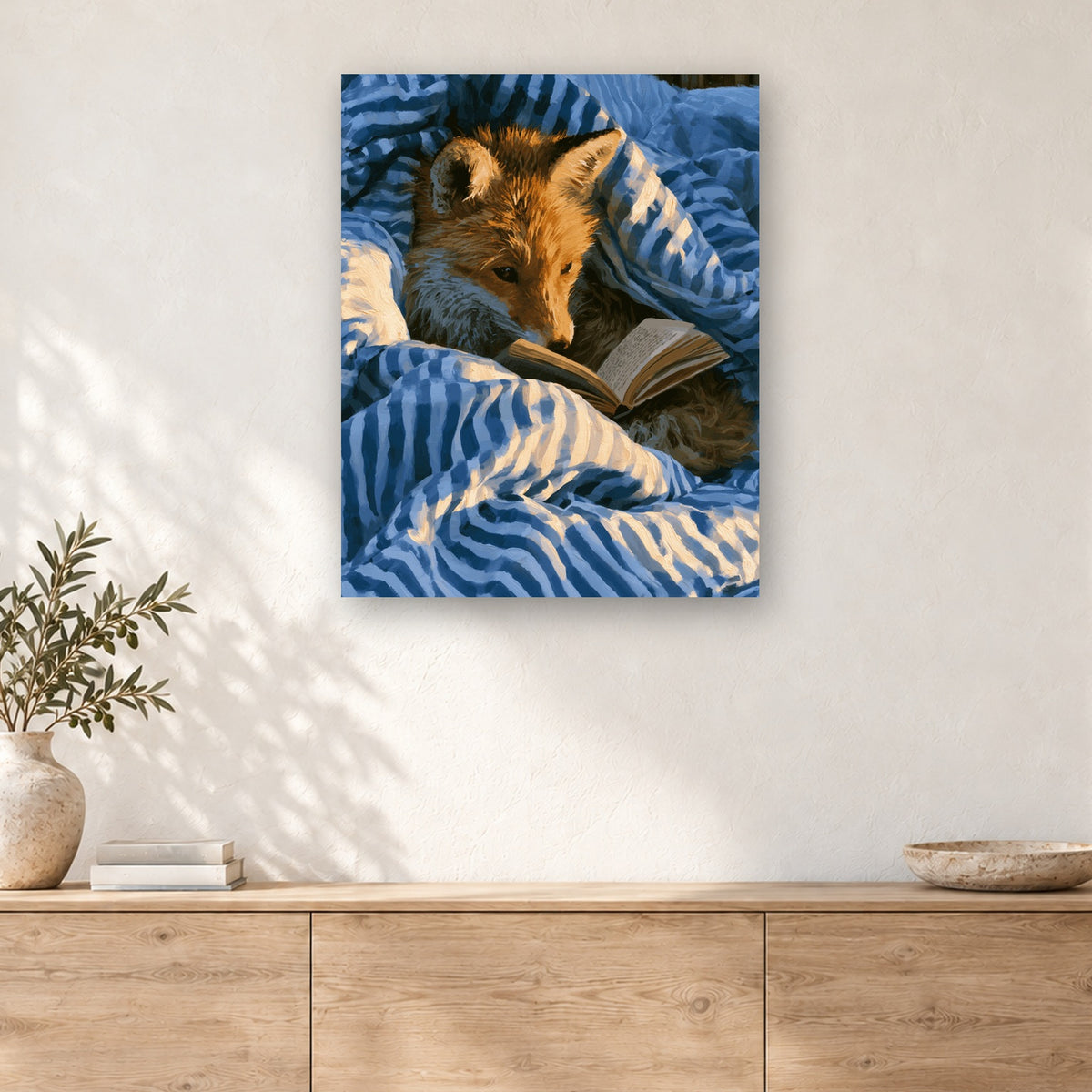 Tableau peinture par numéro Renard sous la Couette accroché dans un intérieur décoré, Maison Artsen