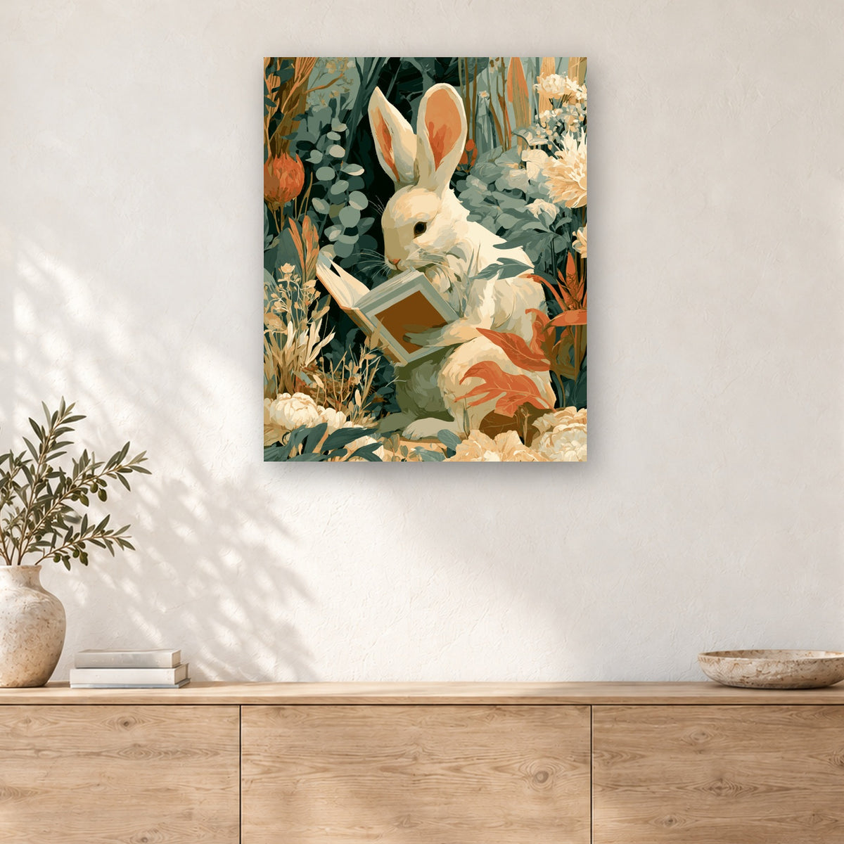 Tableau peinture par numéro Lapin Caché au Jardin accroché dans un intérieur décoré, Maison Artsen