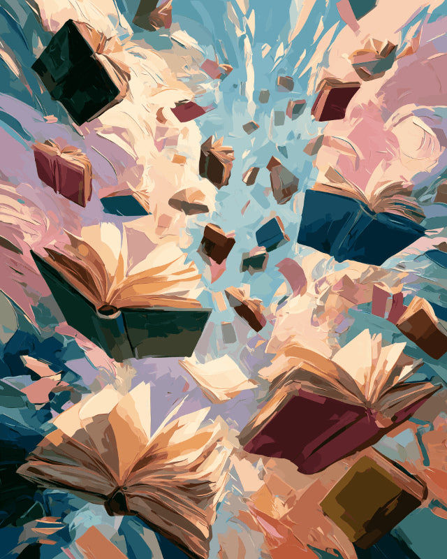 Peinture par numéro adulte Pluie de Livres, visuel complet du design sur toile, Maison Artsen