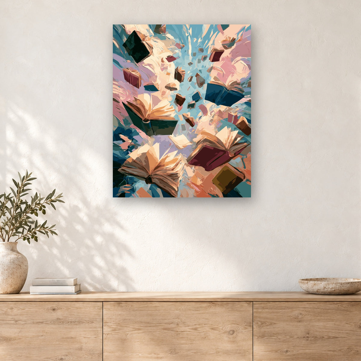 Tableau peinture par numéro Pluie de Livres accroché dans un intérieur décoré, Maison Artsen