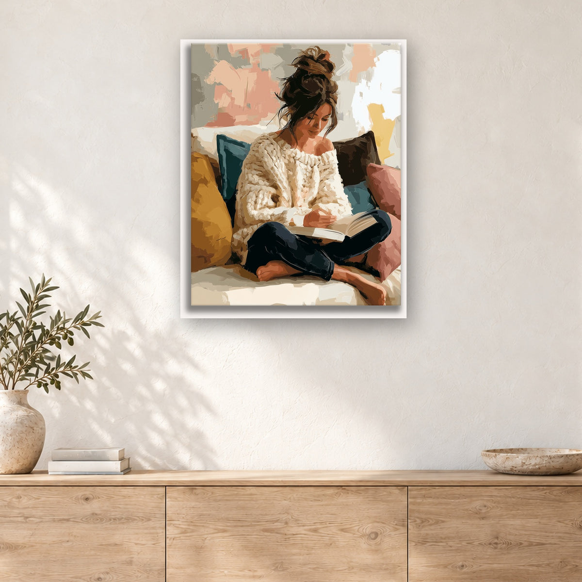 Tableau peinture par numéro Lectrice au Gros Pull accroché dans un intérieur décoré, Maison Artsen