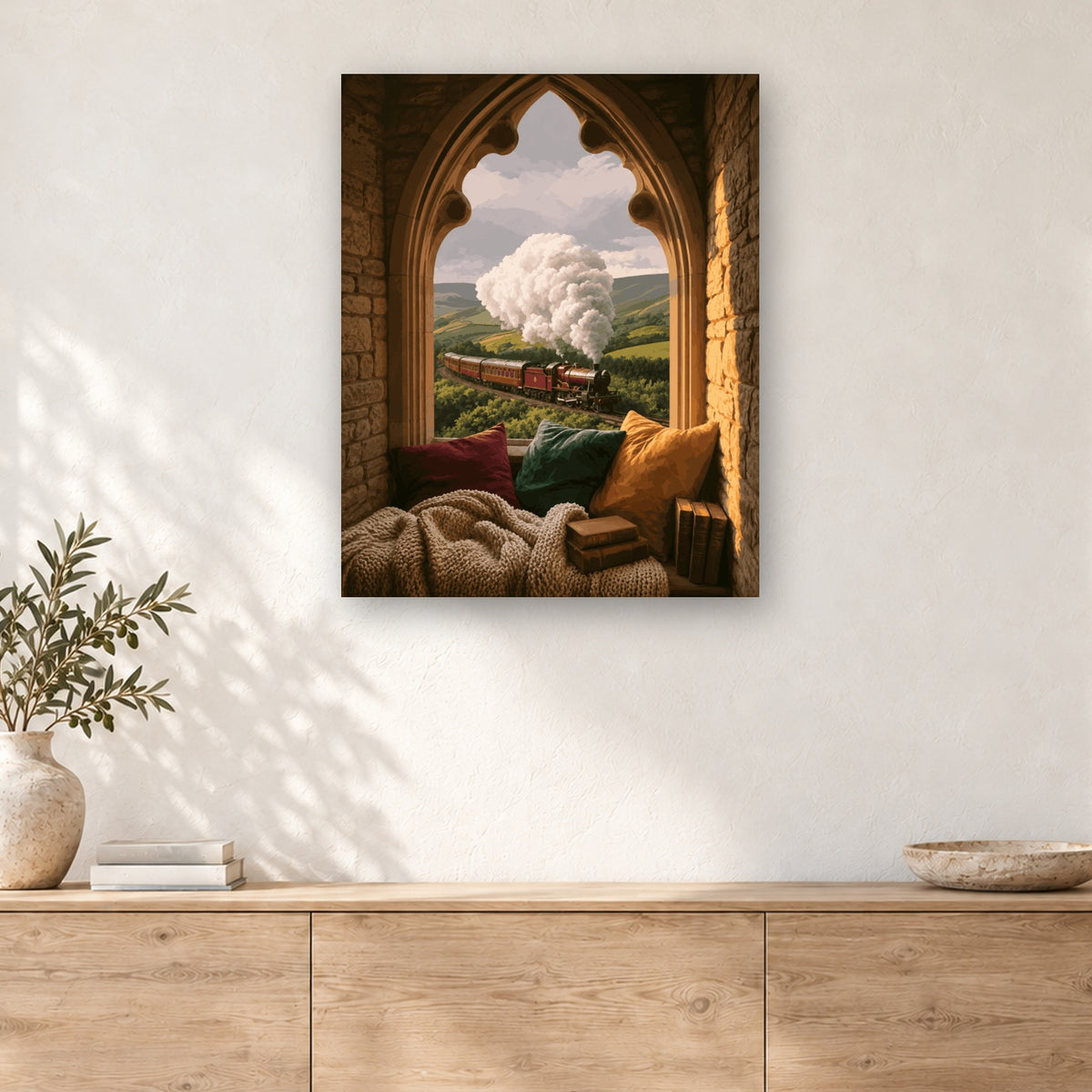 Tableau peinture par numéro Train à Vapeur par la Fenêtre accroché dans un intérieur décoré, Maison Artsen