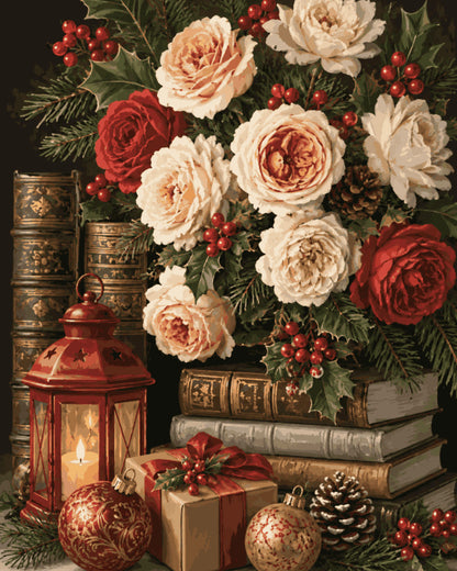 Peinture par numéro adulte Roses d'Hiver et Vieux Livres, visuel complet du design sur toile, Maison Artsen