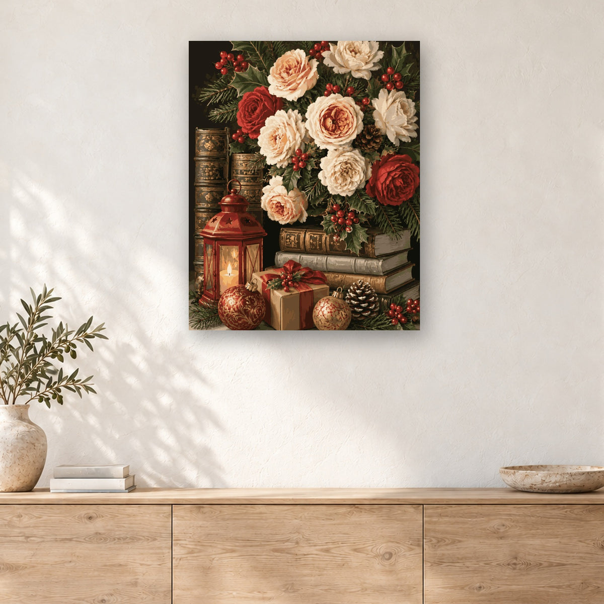 Tableau peinture par numéro Roses d'Hiver et Vieux Livres accroché dans un intérieur décoré, Maison Artsen