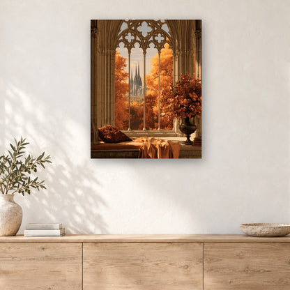 Tableau peinture par numéro Fenêtre Gothique en Automne accroché dans un intérieur décoré, Maison Artsen