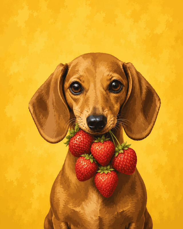 Peinture par numéro adulte Le Teckel Gourmand, visuel complet du design sur toile, Maison Artsen