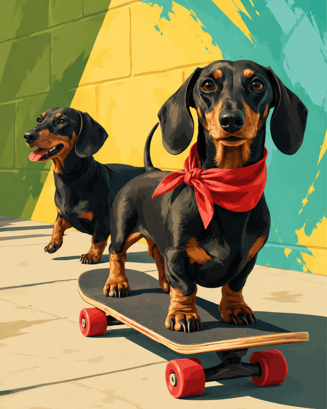 Peinture par numéro adulte Teckels en Skate, visuel complet du design sur toile, Maison Artsen
