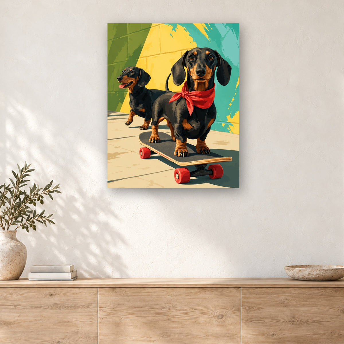 Tableau peinture par numéro Teckels en Skate accroché dans un intérieur décoré, Maison Artsen