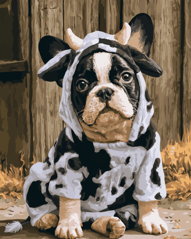 Peinture par numéro adulte Chiot Déguisé en Vache, visuel complet du design sur toile, Maison Artsen