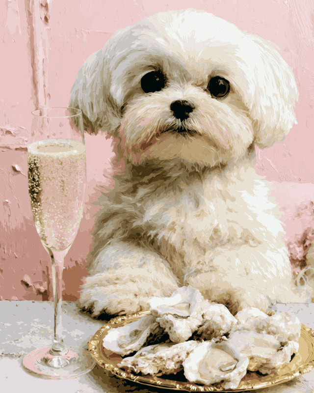 Peinture par numéro adulte Bichon au Champagne, visuel complet du design sur toile, Maison Artsen