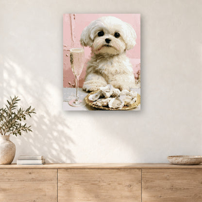 Tableau peinture par numéro Bichon au Champagne accroché dans un intérieur décoré, Maison Artsen
