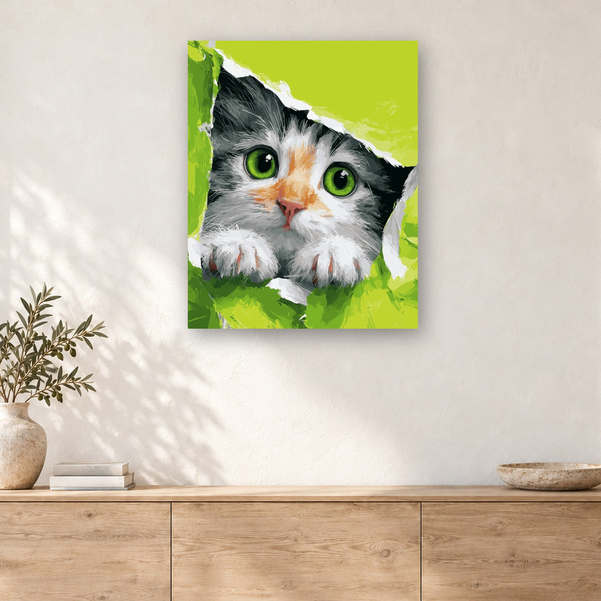 Tableau peinture par numéro Chaton qui Pointe le Nez accroché dans un intérieur décoré, Maison Artsen