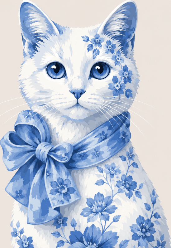 Peinture par numéro adulte Chat Porcelaine Bleue, visuel complet du design sur toile, Maison Artsen