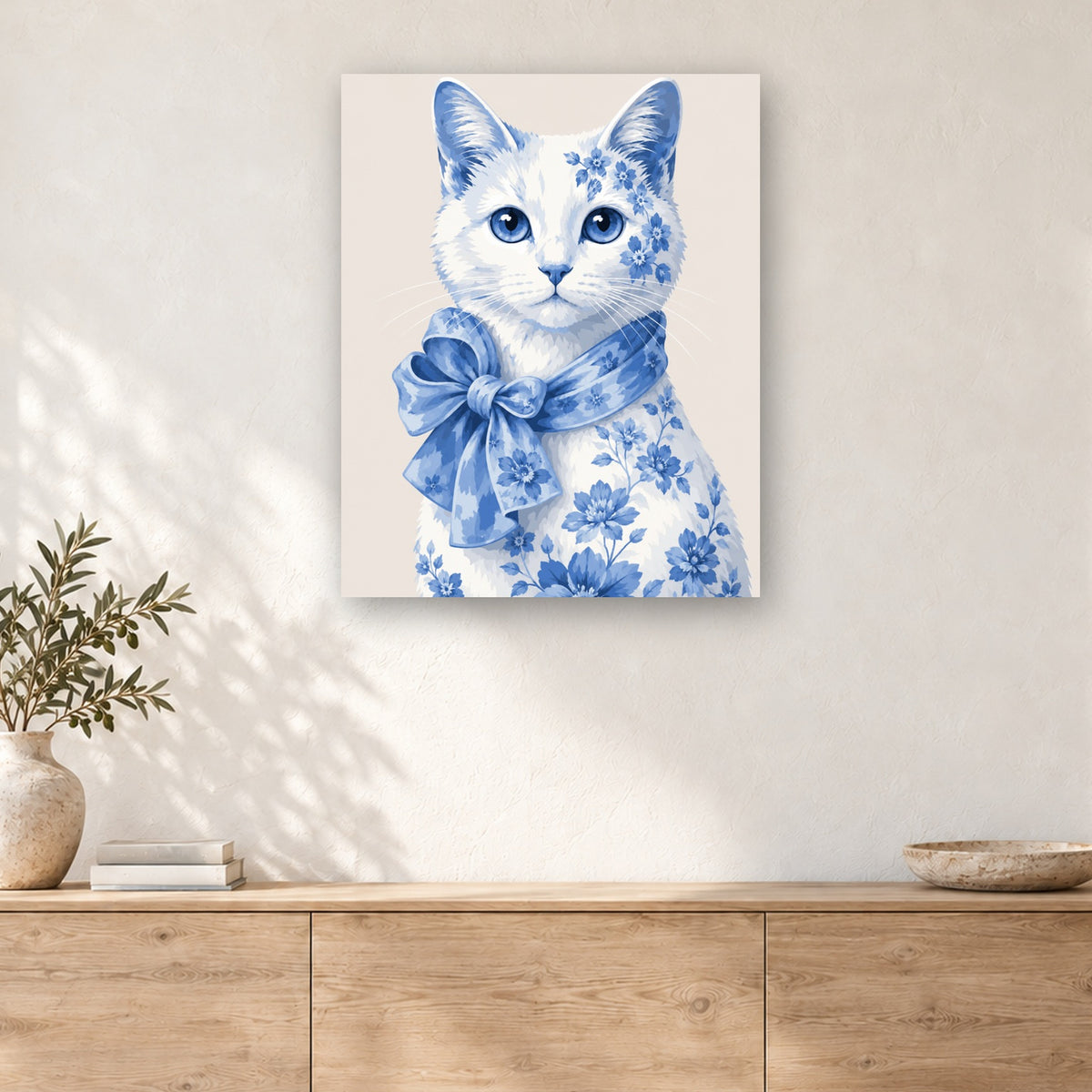 Tableau peinture par numéro Chat Porcelaine Bleue accroché dans un intérieur décoré, Maison Artsen