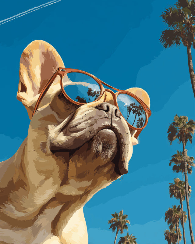 Peinture par numéro adulte Bouledogue sous les Palmiers, visuel complet du design sur toile, Maison Artsen