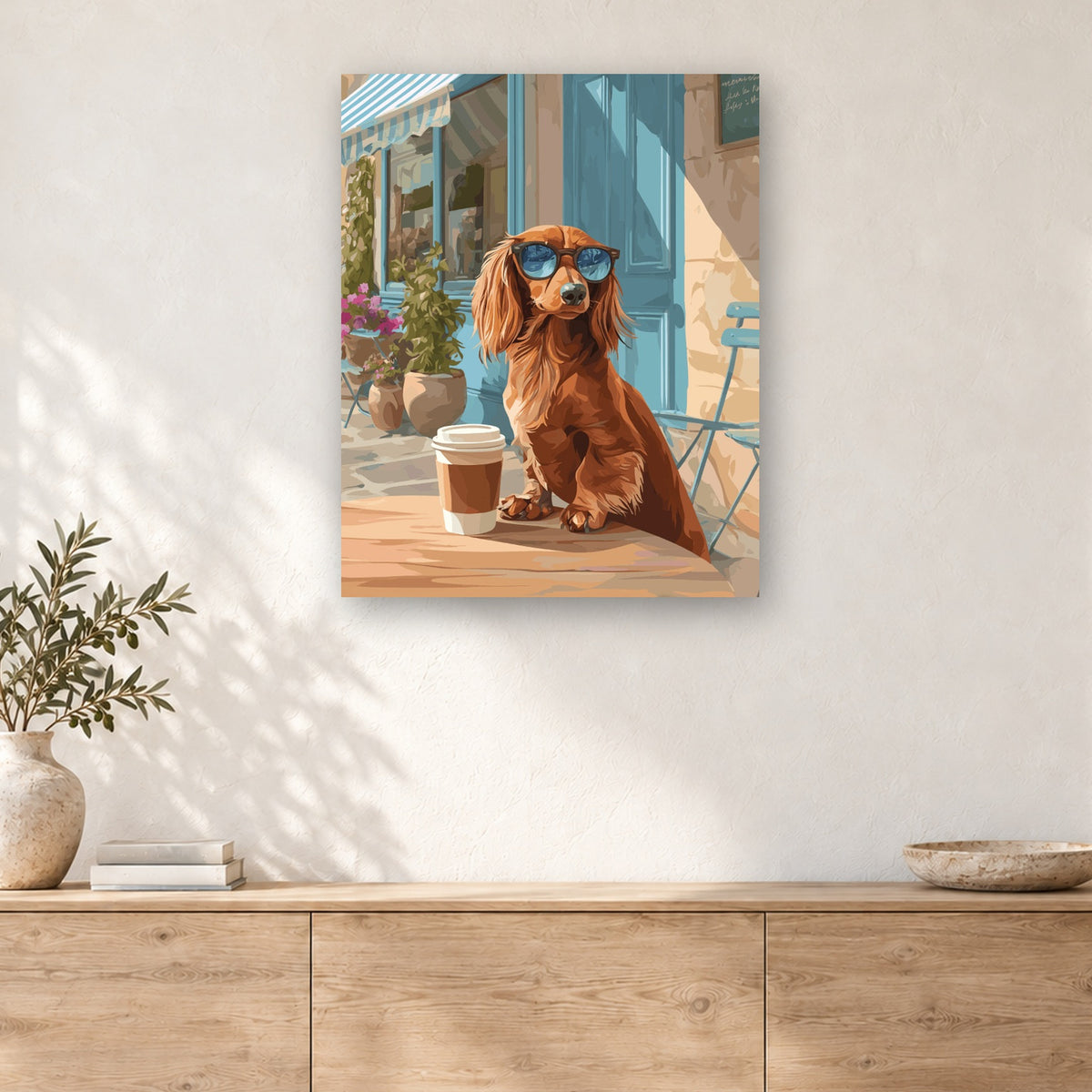 Tableau peinture par numéro Teckel en Terrasse accroché dans un intérieur décoré, Maison Artsen