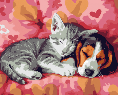 Peinture par numéro adulte Sieste entre Amis, visuel complet du design sur toile, Maison Artsen