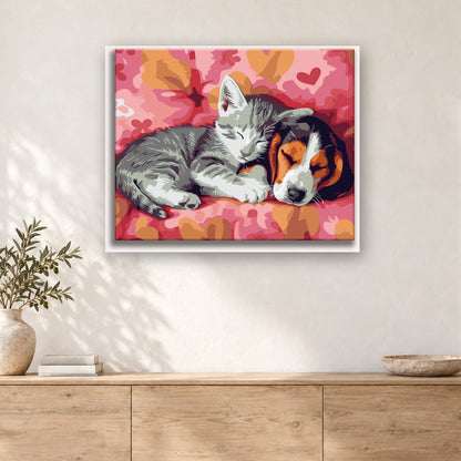 Tableau peinture par numéro Sieste entre Amis accroché dans un intérieur décoré, Maison Artsen