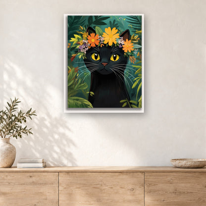 Tableau peinture par numéro Chat Noir Couronné de Fleurs accroché dans un intérieur décoré, Maison Artsen