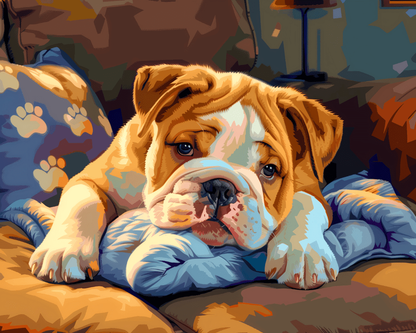Peinture par numéro adulte Chiot Bouledogue au Canapé, visuel complet du design sur toile, Maison Artsen