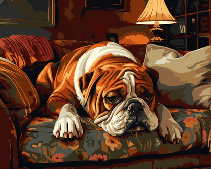Peinture par numéro adulte Bouledogue sous la Lampe, visuel complet du design sur toile, Maison Artsen