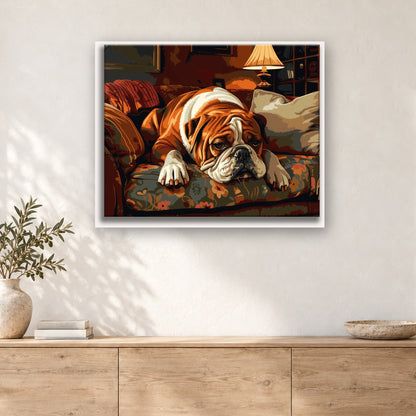 Tableau peinture par numéro Bouledogue sous la Lampe accroché dans un intérieur décoré, Maison Artsen