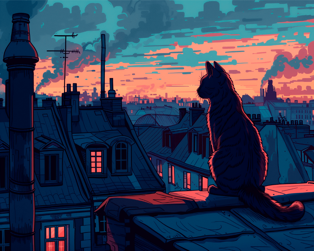 Peinture par numéro adulte Chat des Toits au Crépuscule, visuel complet du design sur toile, Maison Artsen