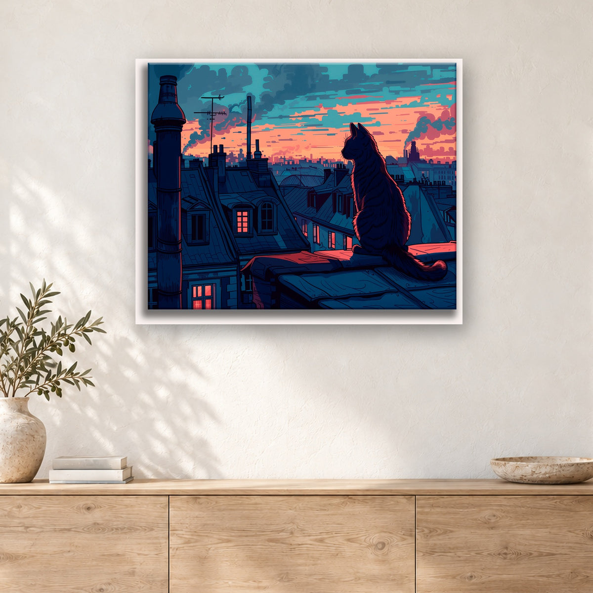 Tableau peinture par numéro Chat des Toits au Crépuscule accroché dans un intérieur décoré, Maison Artsen