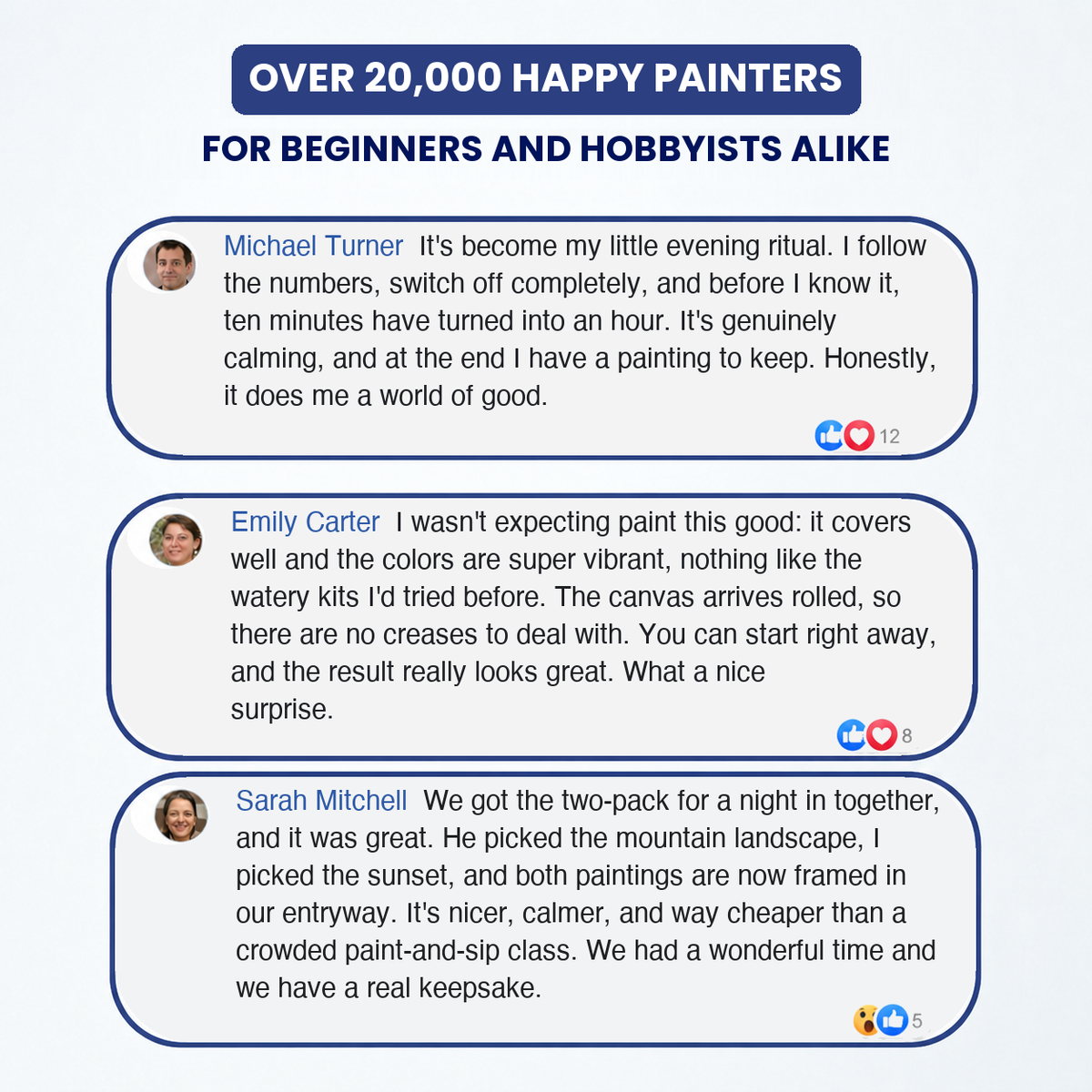 Customer reviews describing a relaxing evening routine, vibrant paint with good coverage, canvas delivered without folds, and painting together.