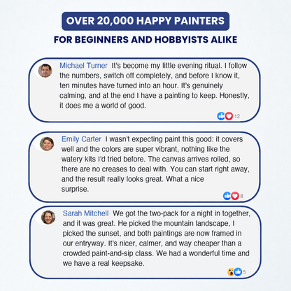 Customer reviews describing a relaxing evening routine, vibrant paint with good coverage, canvas delivered without folds, and painting together.