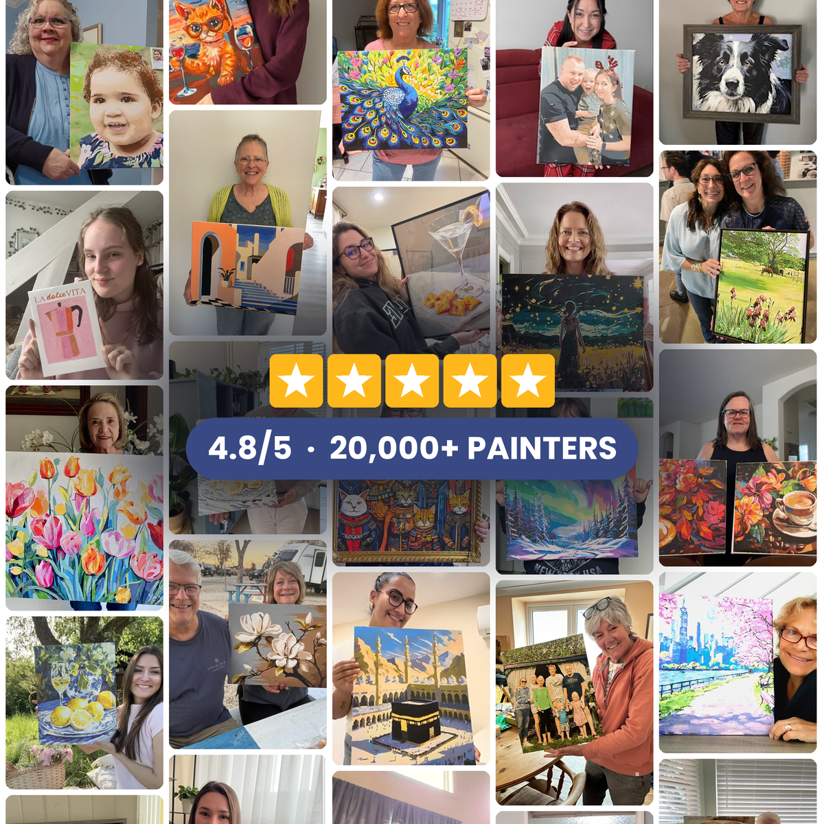Customers posing with their finished paint-by-numbers: rated 4.8/5 by more than 20,000 painters