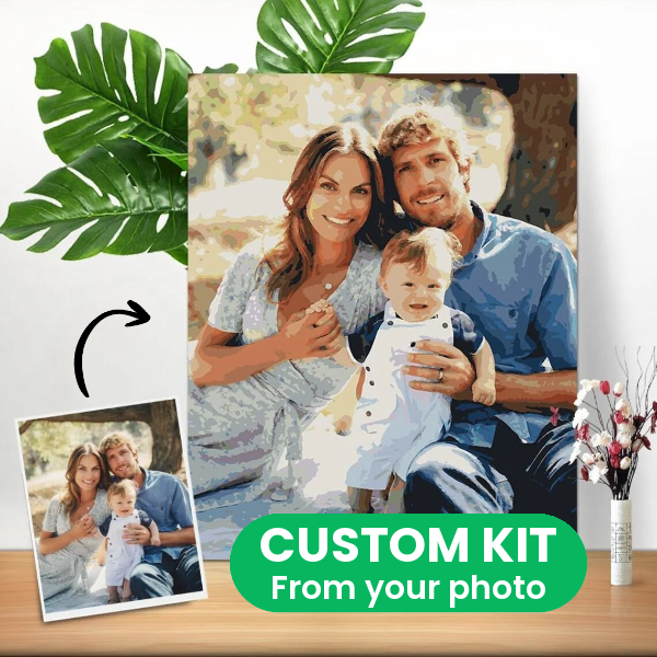 Custom paint-by-numbers kit made from your photo: family photo on a phone next to the finished painting on canvas