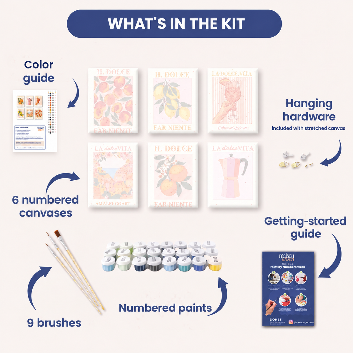 6-canvas paint-by-numbers kit contents: 6 numbered canvases, numbered paints, 9 brushes, color guide, hanging hardware and getting-started guide