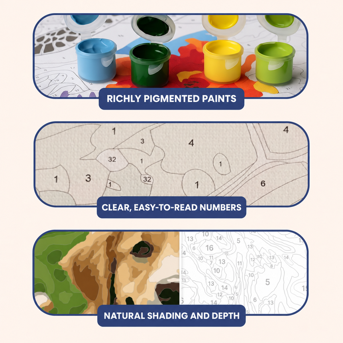 Kit details: richly pigmented paints, clearly printed numbers and realistic shading.
