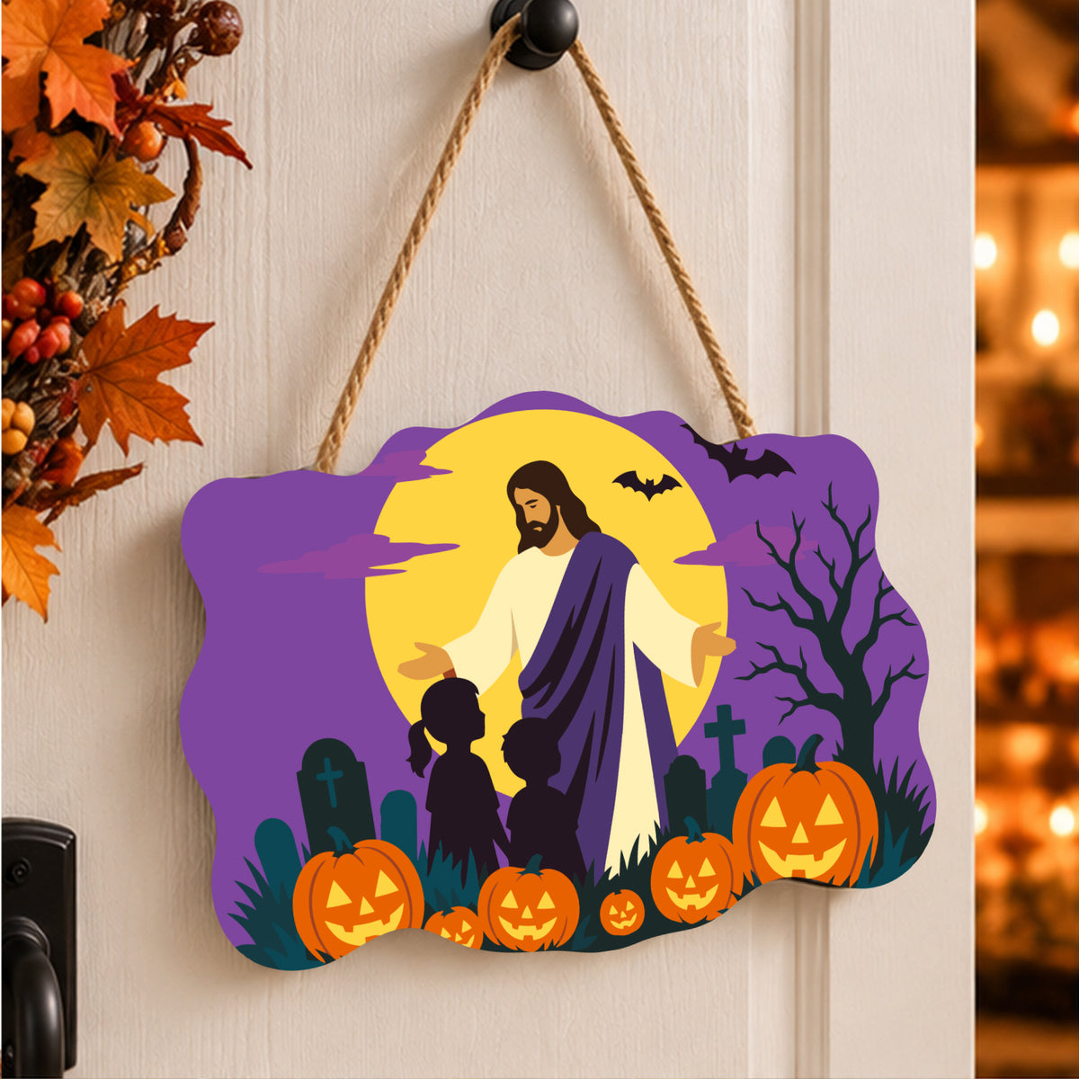 Pancarte Accueil sous la Lune peinte et accrochée à une porte d'entrée décorée pour Halloween — Maison Artsen