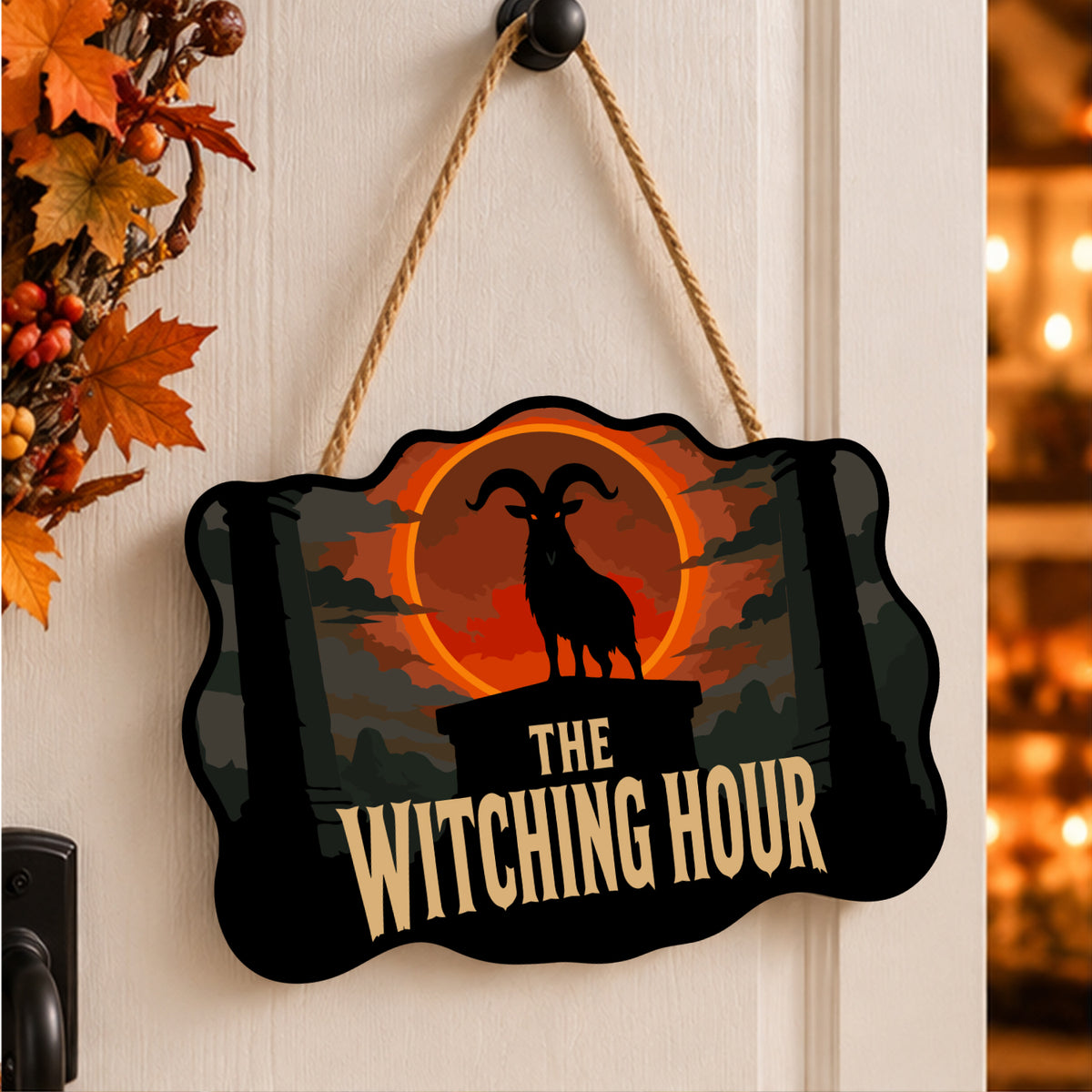Pancarte Bouc et Lune Rouge peinte et accrochée à une porte d'entrée décorée pour Halloween — Maison Artsen