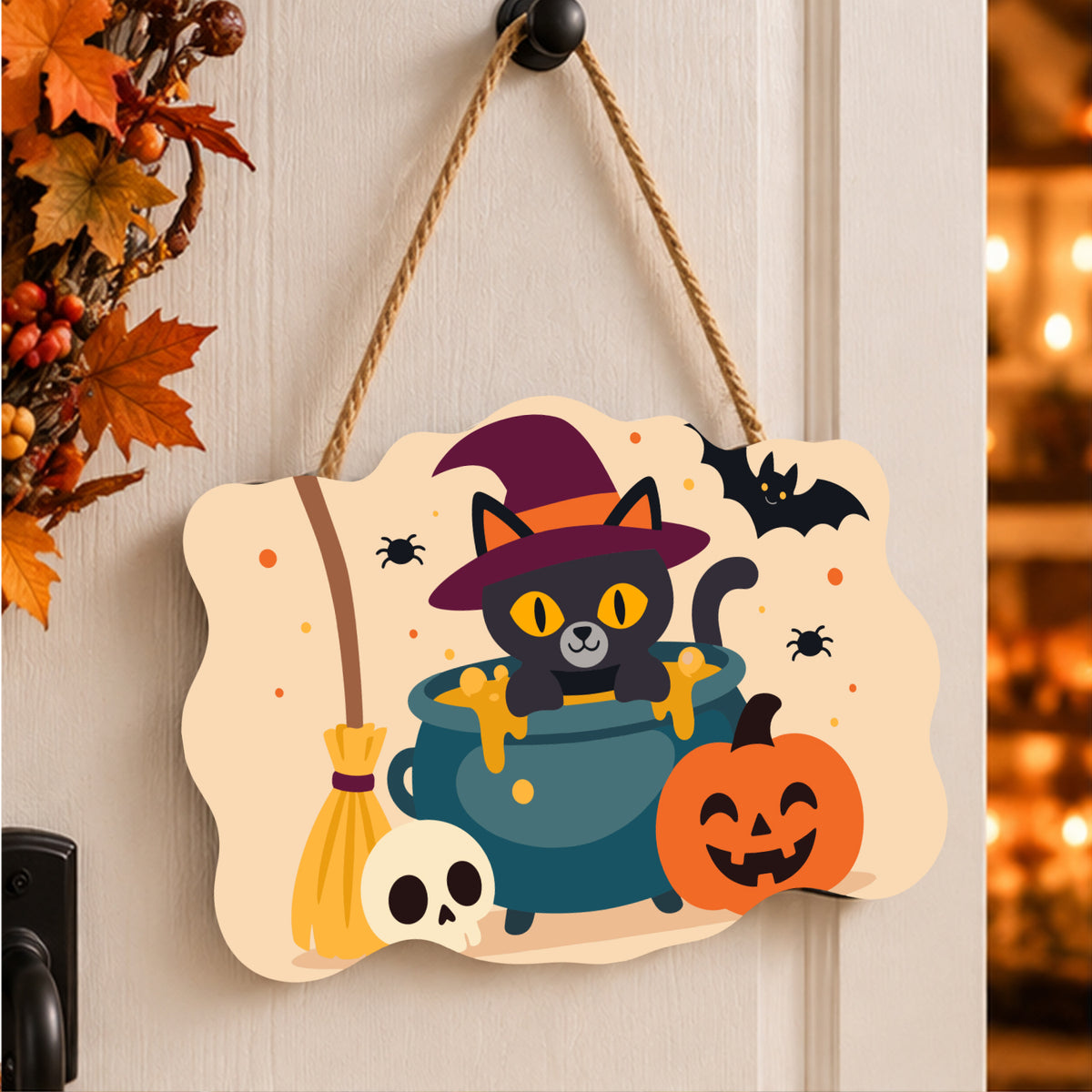 Pancarte Chat au Chapeau Pointu peinte et accrochée à une porte d'entrée décorée pour Halloween — Maison Artsen