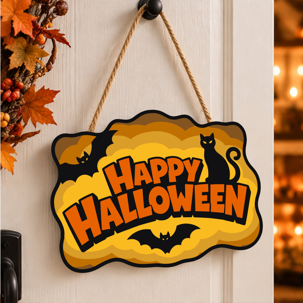 Pancarte Chat Noir au Crépuscule peinte et accrochée à une porte d'entrée décorée pour Halloween — Maison Artsen