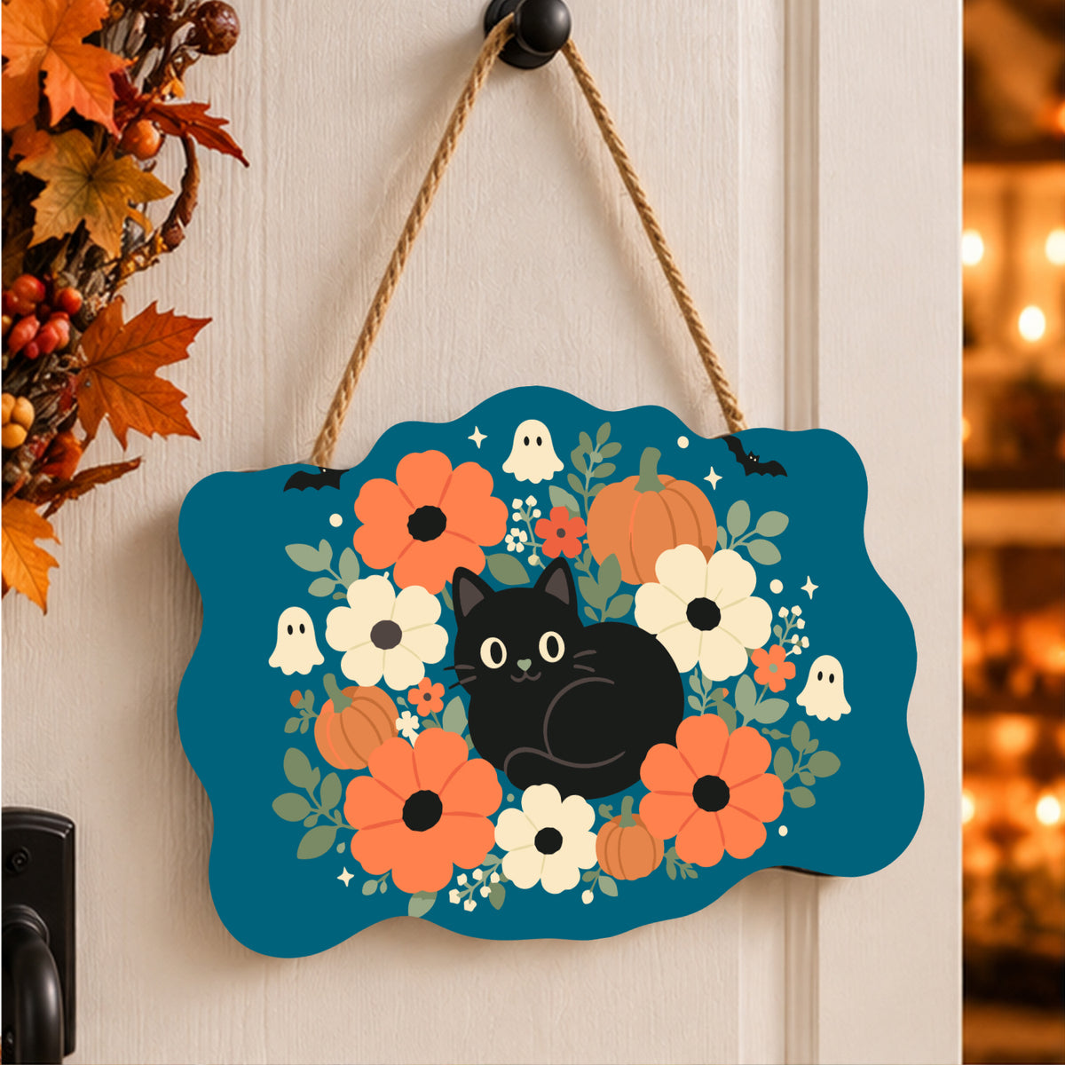 Pancarte Chat Noir aux Anémones peinte et accrochée à une porte d'entrée décorée pour Halloween — Maison Artsen