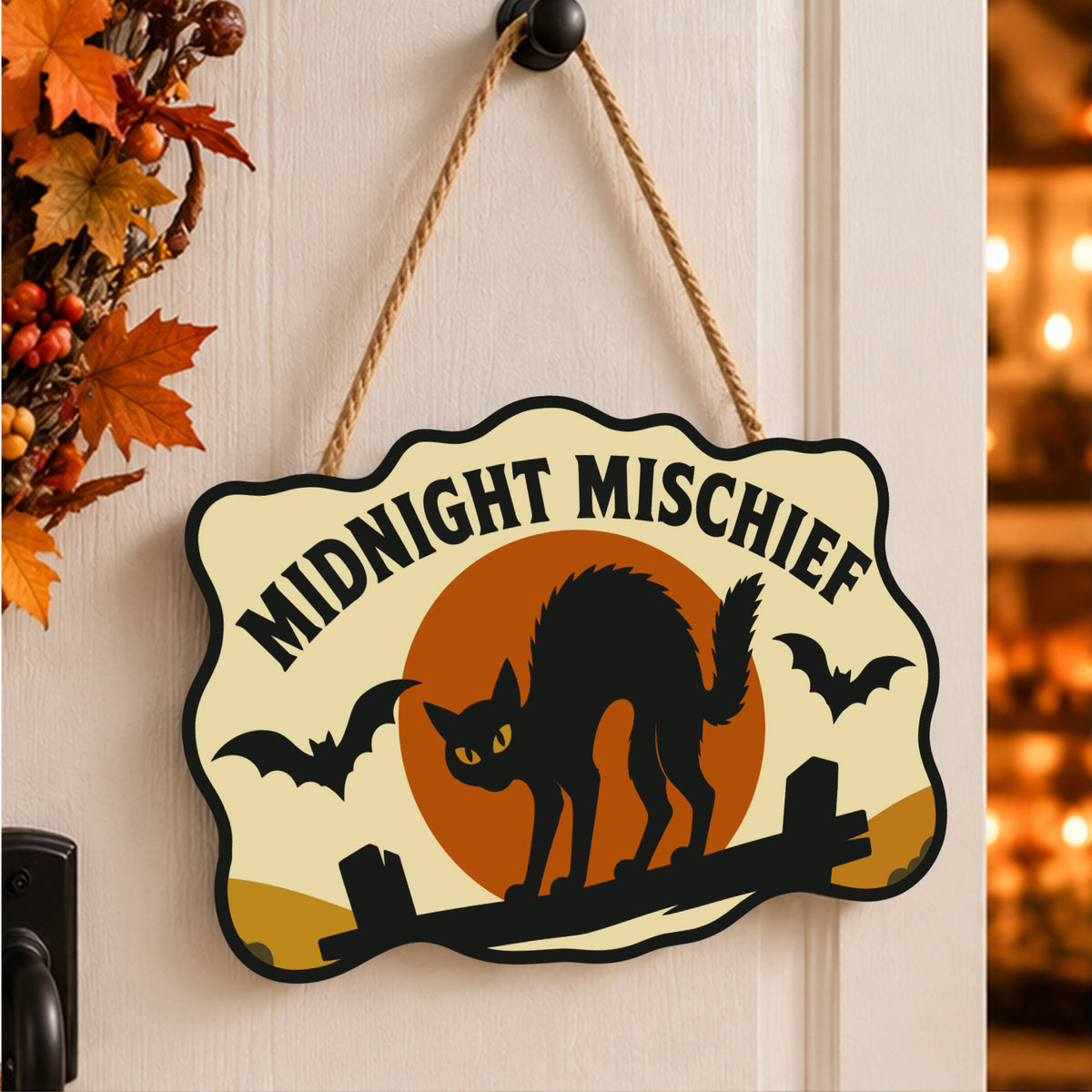 Pancarte Chat Noir de Minuit peinte et accrochée à une porte d'entrée décorée pour Halloween — Maison Artsen