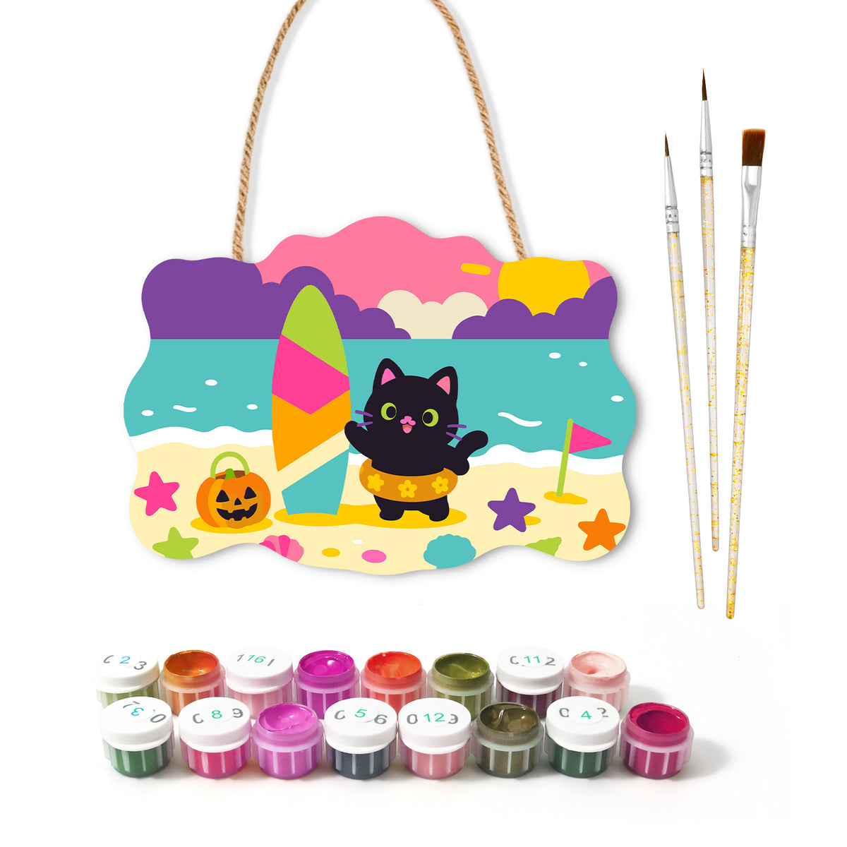 Pancarte à peindre Chat Noir en Bouée avec ses peintures et ses pinceaux — Maison Artsen