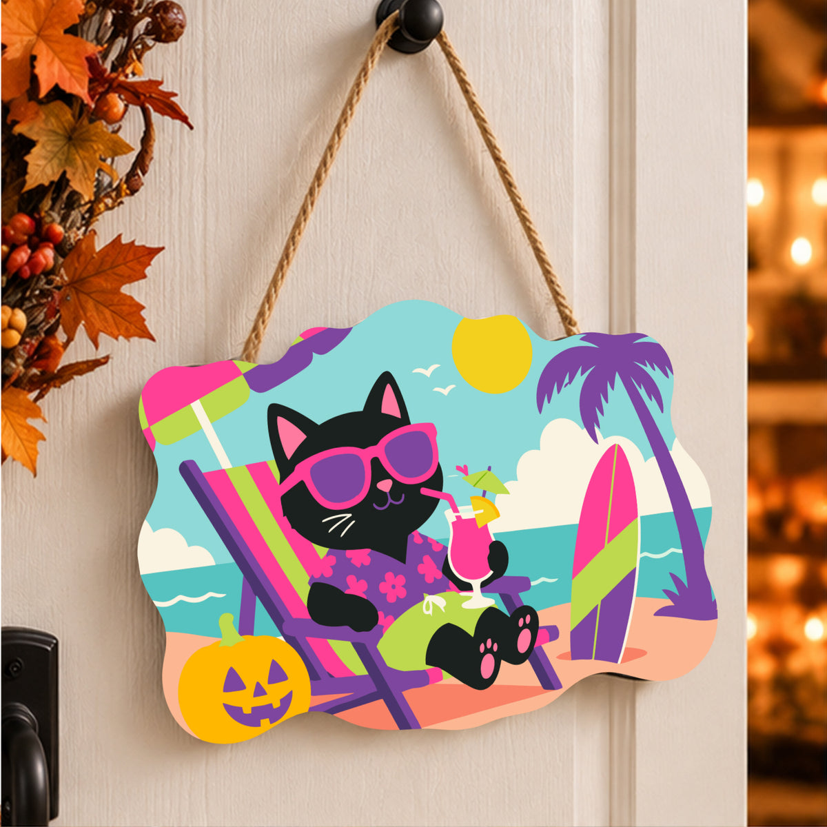 Pancarte Chat Noir en Transat peinte et accrochée à une porte d'entrée décorée pour Halloween — Maison Artsen