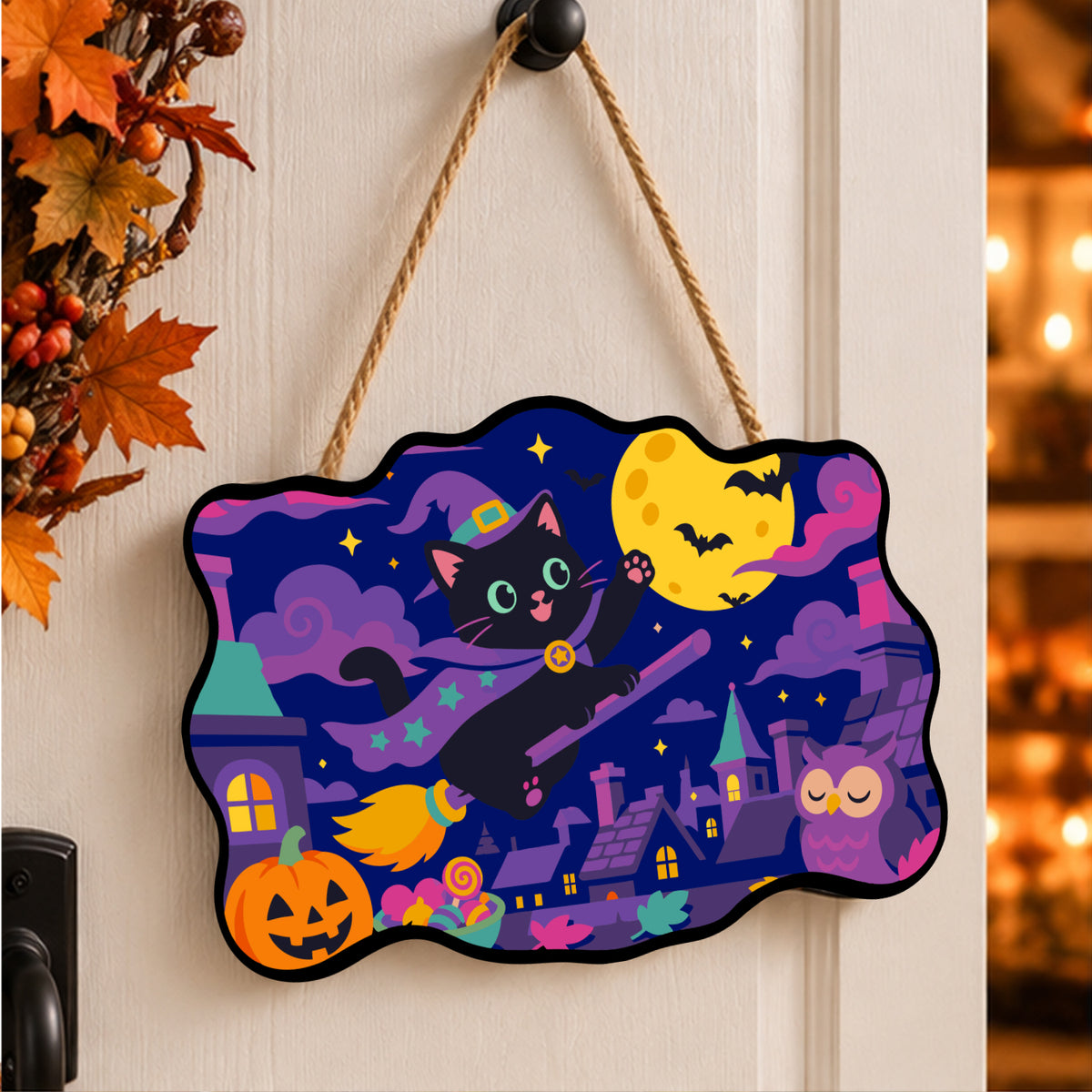 Pancarte Chat Sorcier en Vol peinte et accrochée à une porte d'entrée décorée pour Halloween — Maison Artsen