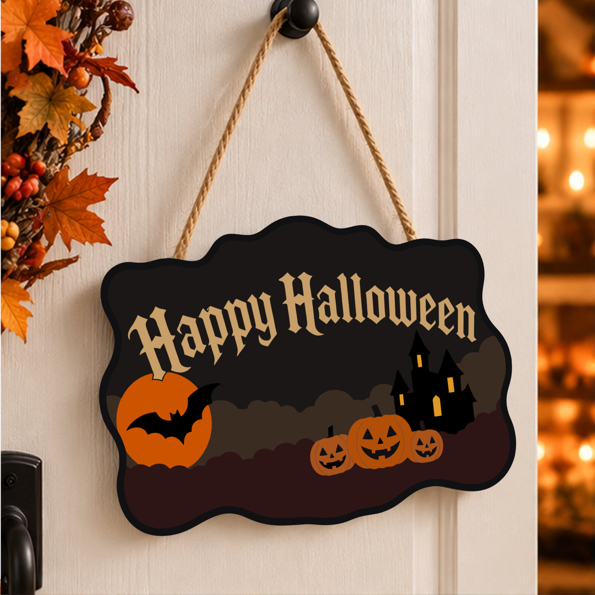 Pancarte Château Hanté et Chauve-souris peinte et accrochée à une porte d'entrée décorée pour Halloween — Maison Artsen