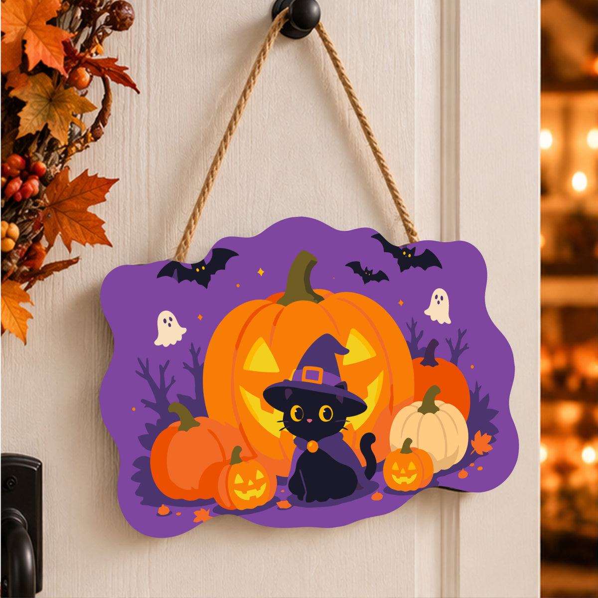 Pancarte Chaton Noir et Citrouilles peinte et accrochée à une porte d'entrée décorée pour Halloween — Maison Artsen