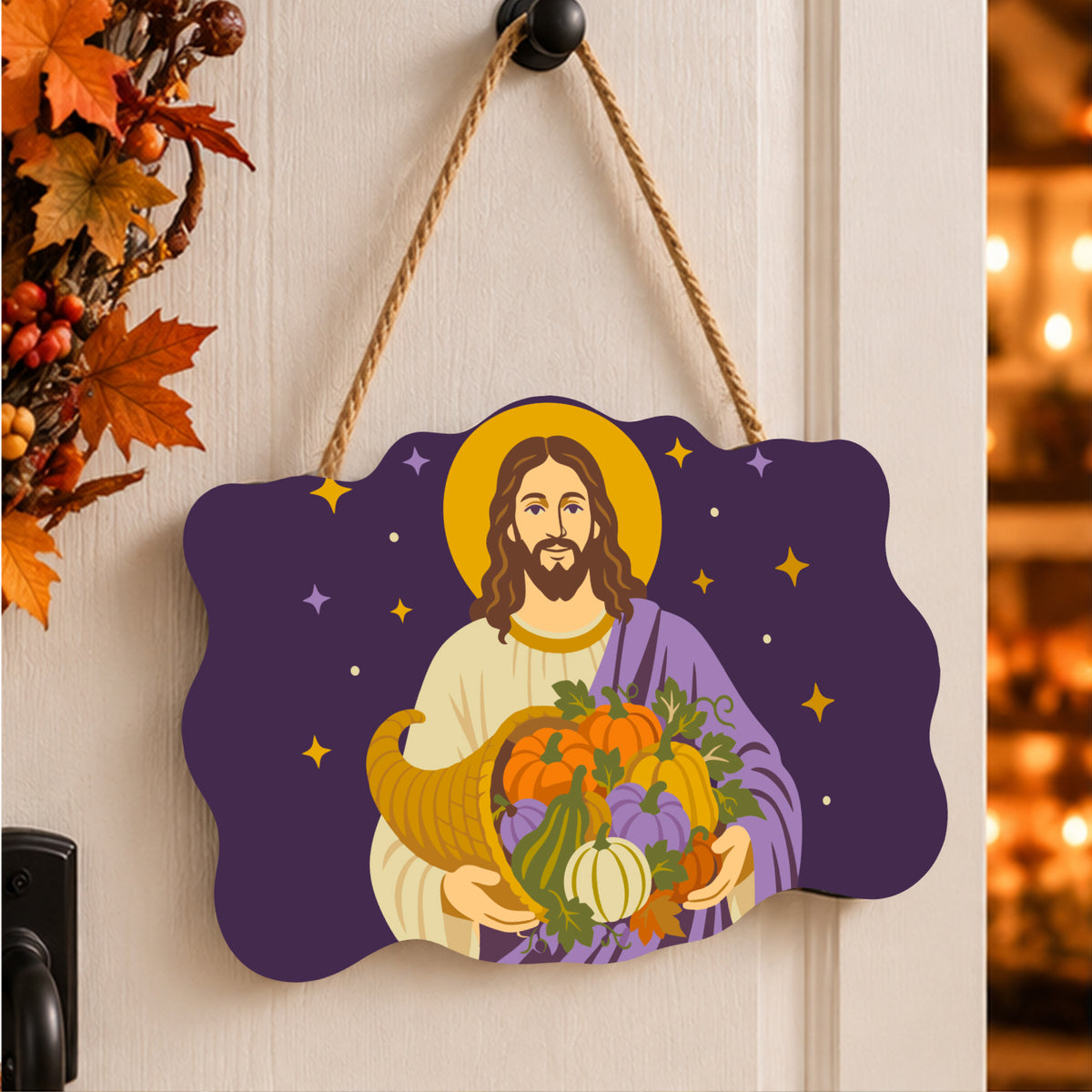 Pancarte Christ et Corne d'Abondance peinte et accrochée à une porte d'entrée décorée pour Halloween — Maison Artsen