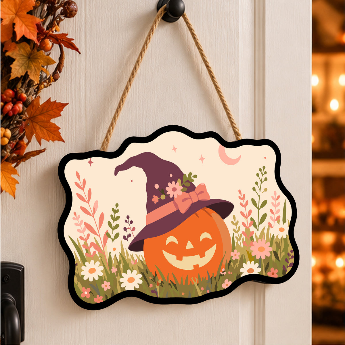 Pancarte Citrouille au Ruban Rose peinte et accrochée à une porte d'entrée décorée pour Halloween — Maison Artsen